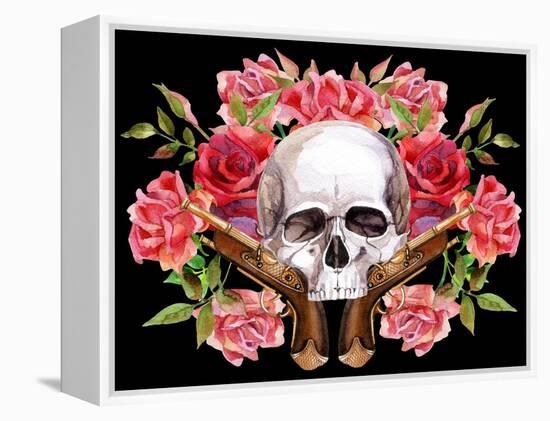 Watercolor Skull with Guns and Roses-tanycya-Framed Stretched Canvas