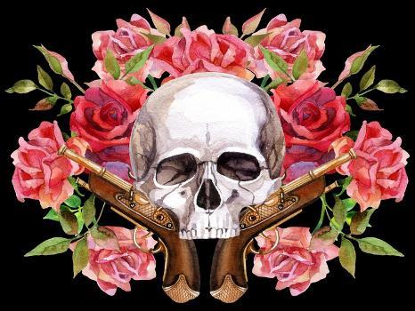 Watercolor Skull with Guns and Roses' Art Print - tanycya | Art.com