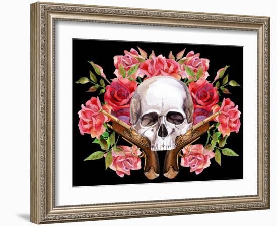 Watercolor Skull with Guns and Roses-tanycya-Framed Art Print