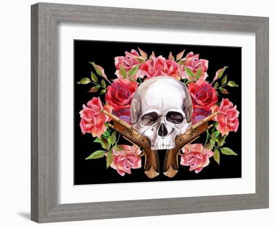 Watercolor Skull with Guns and Roses-tanycya-Framed Art Print