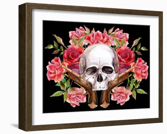 Watercolor Skull with Guns and Roses-tanycya-Framed Art Print