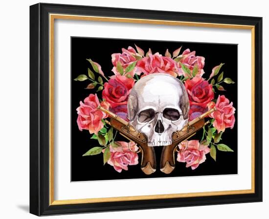 Watercolor Skull with Guns and Roses-tanycya-Framed Art Print