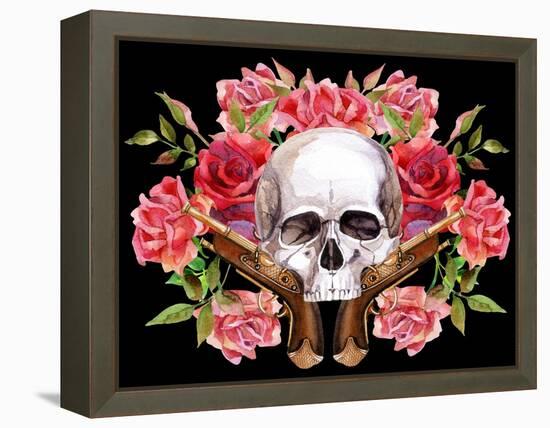 Watercolor Skull with Guns and Roses-tanycya-Framed Stretched Canvas