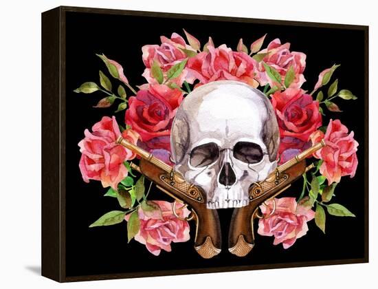 Watercolor Skull with Guns and Roses-tanycya-Framed Stretched Canvas