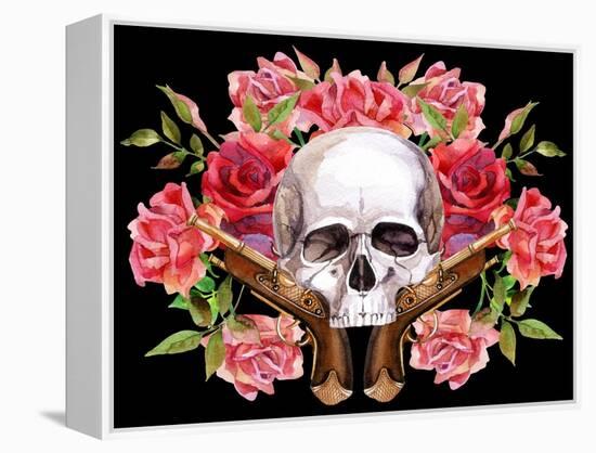 Watercolor Skull with Guns and Roses-tanycya-Framed Stretched Canvas