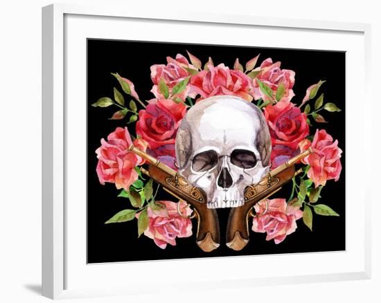 Watercolor Skull with Guns and Roses-tanycya-Framed Art Print