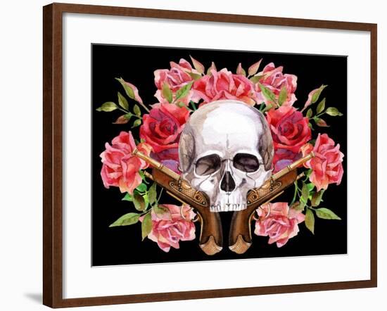 Watercolor Skull with Guns and Roses-tanycya-Framed Art Print