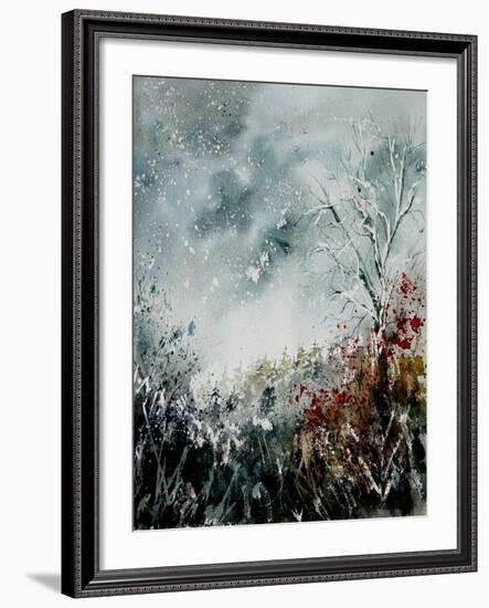 Watercolor Snow and Red Leaves-Pol Ledent-Framed Art Print