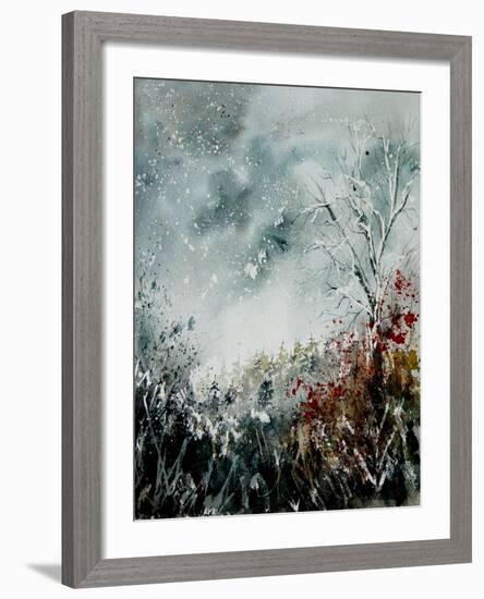 Watercolor Snow and Red Leaves-Pol Ledent-Framed Art Print