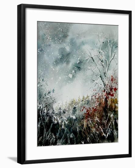 Watercolor Snow and Red Leaves-Pol Ledent-Framed Art Print