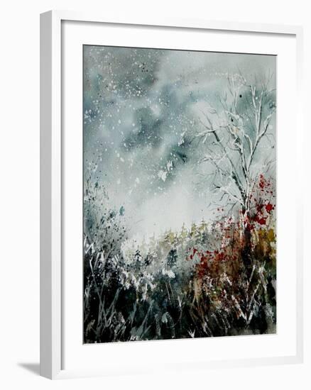 Watercolor Snow and Red Leaves-Pol Ledent-Framed Art Print