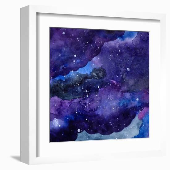 Watercolor Space Texture with Glowing Stars. Night Starry Sky with Paint Strokes and Swashes. Vecto-Anna Kutukova-Framed Art Print