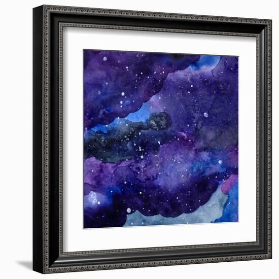 Watercolor Space Texture with Glowing Stars. Night Starry Sky with Paint Strokes and Swashes. Vecto-Anna Kutukova-Framed Art Print