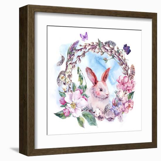 Watercolor Spring Happy Easter Wreath-Varvara Kurakina-Framed Art Print