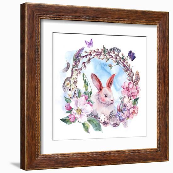 Watercolor Spring Happy Easter Wreath-Varvara Kurakina-Framed Art Print