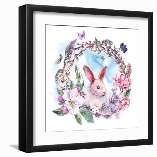 Watercolor Spring Happy Easter Wreath-Varvara Kurakina-Framed Art Print