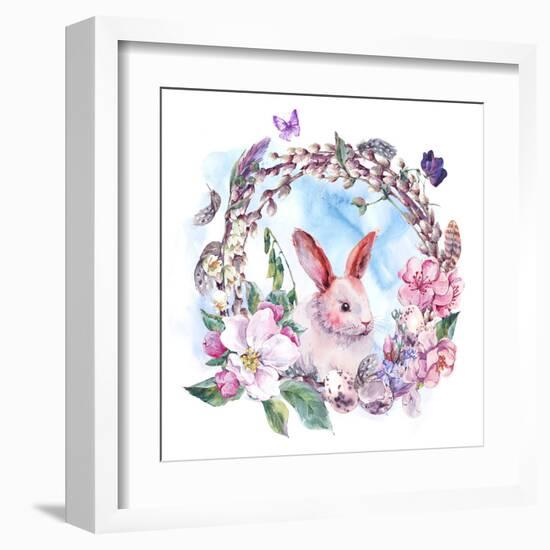 Watercolor Spring Happy Easter Wreath-Varvara Kurakina-Framed Art Print