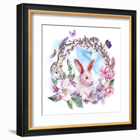 Watercolor Spring Happy Easter Wreath-Varvara Kurakina-Framed Art Print