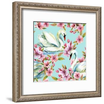 Watercolor Swan and Cherry Bloom-tanycya-Framed Art Print