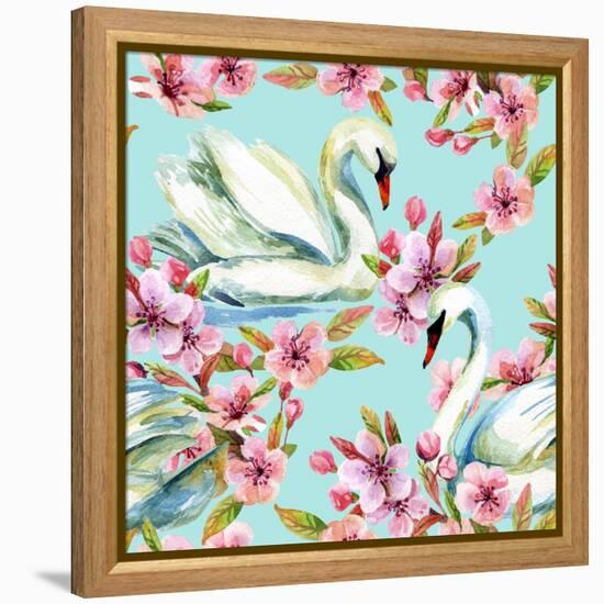 Watercolor Swan and Cherry Bloom-tanycya-Framed Stretched Canvas