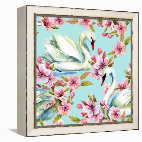 Watercolor Swan and Cherry Bloom-tanycya-Framed Stretched Canvas