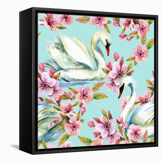 Watercolor Swan and Cherry Bloom-tanycya-Framed Stretched Canvas