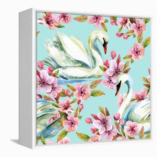 Watercolor Swan and Cherry Bloom-tanycya-Framed Stretched Canvas