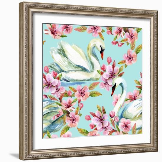 Watercolor Swan and Cherry Bloom-tanycya-Framed Art Print