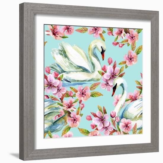 Watercolor Swan and Cherry Bloom-tanycya-Framed Art Print