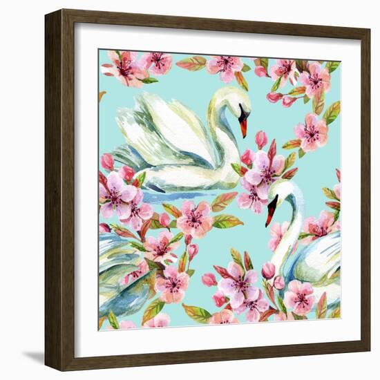 Watercolor Swan and Cherry Bloom-tanycya-Framed Art Print