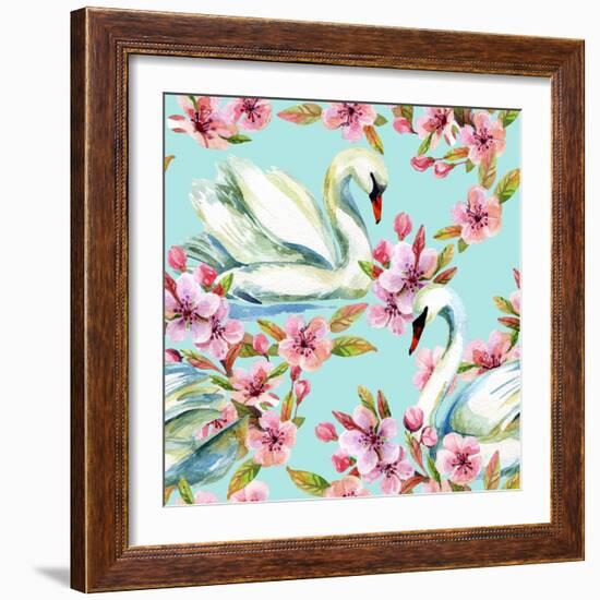 Watercolor Swan and Cherry Bloom-tanycya-Framed Art Print