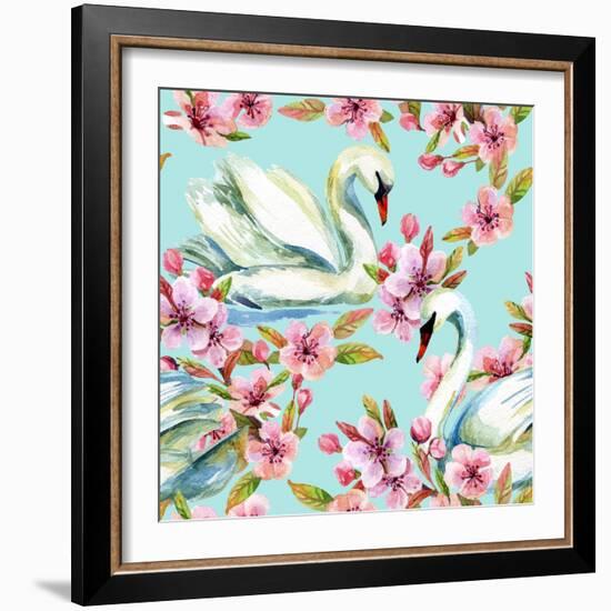 Watercolor Swan and Cherry Bloom-tanycya-Framed Art Print