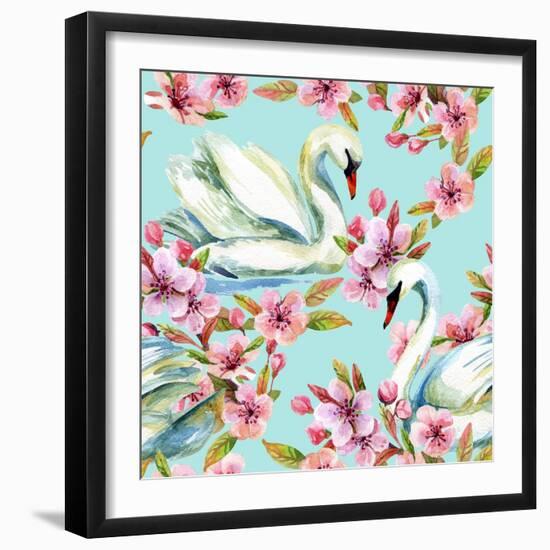 Watercolor Swan and Cherry Bloom-tanycya-Framed Art Print