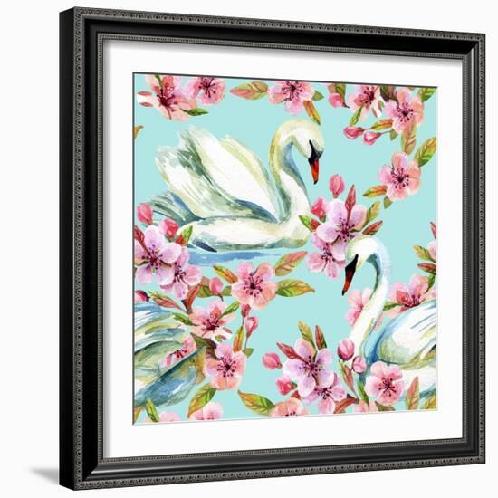 Watercolor Swan and Cherry Bloom-tanycya-Framed Art Print