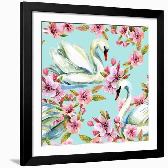 Watercolor Swan and Cherry Bloom-tanycya-Framed Premium Giclee Print