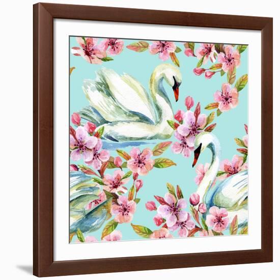 Watercolor Swan and Cherry Bloom-tanycya-Framed Premium Giclee Print