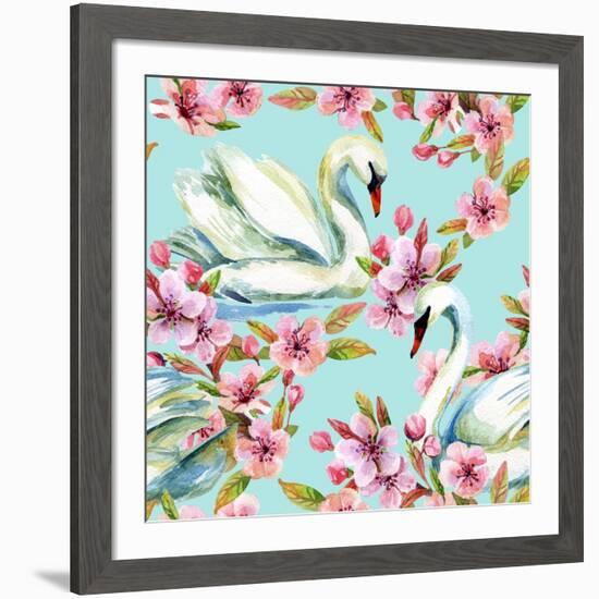 Watercolor Swan and Cherry Bloom-tanycya-Framed Premium Giclee Print