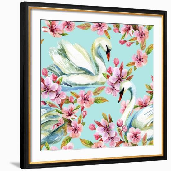 Watercolor Swan and Cherry Bloom-tanycya-Framed Premium Giclee Print