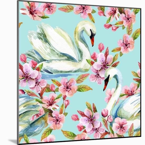 Watercolor Swan and Cherry Bloom-tanycya-Mounted Premium Giclee Print