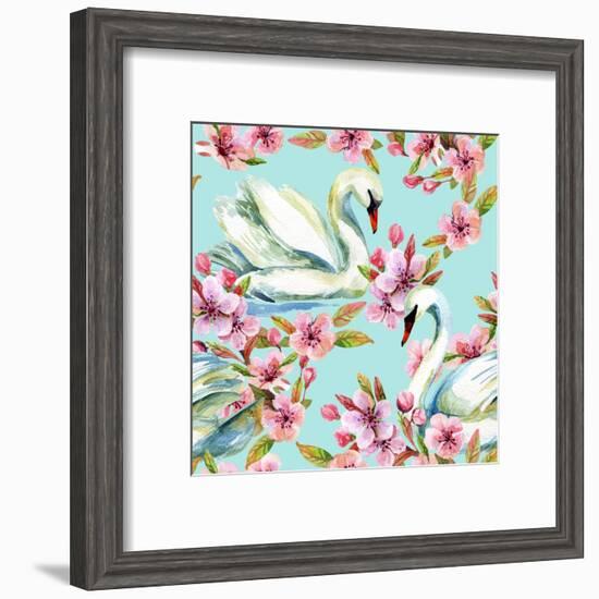 Watercolor Swan and Cherry Bloom-tanycya-Framed Art Print