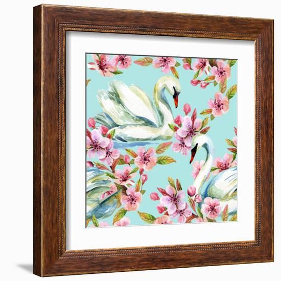 Watercolor Swan and Cherry Bloom-tanycya-Framed Art Print