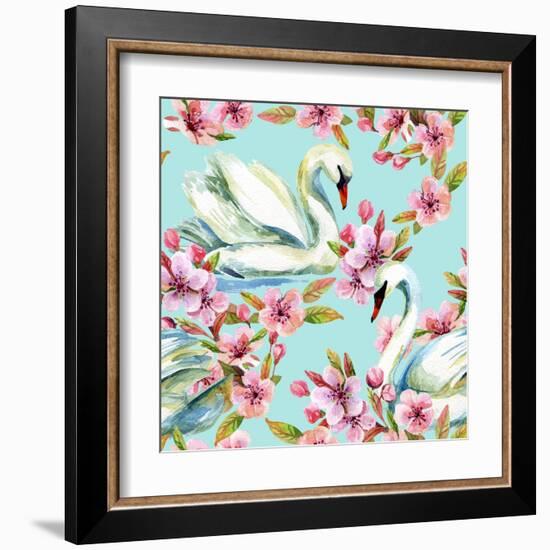 Watercolor Swan and Cherry Bloom-tanycya-Framed Art Print