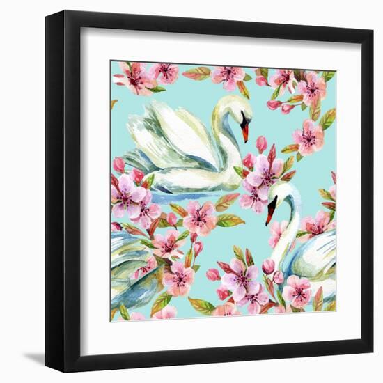 Watercolor Swan and Cherry Bloom-tanycya-Framed Art Print