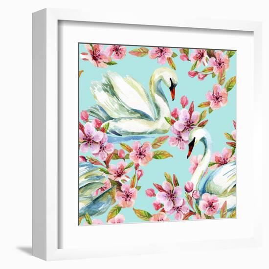 Watercolor Swan and Cherry Bloom-tanycya-Framed Art Print