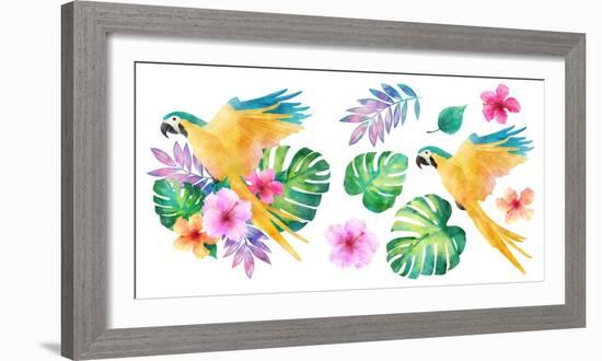 Watercolor Tropical Flower Ornament Decorated with Macaw Bird-SophonK-Framed Photographic Print
