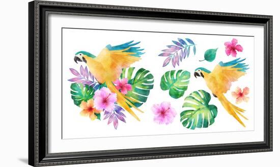 Watercolor Tropical Flower Ornament Decorated with Macaw Bird-SophonK-Framed Photographic Print