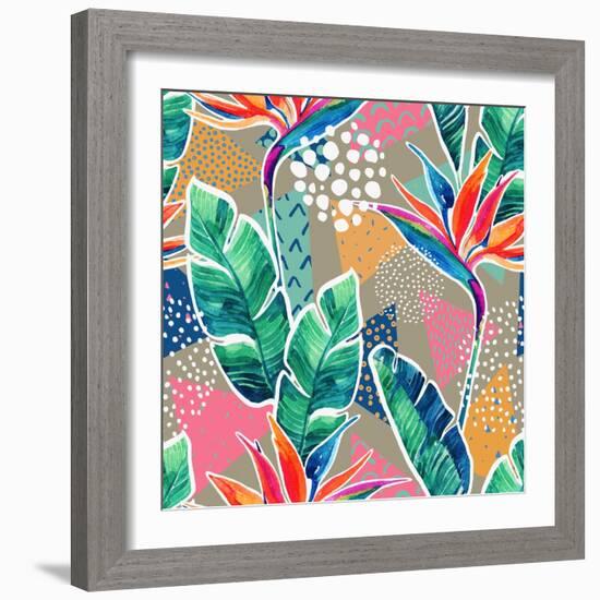 Watercolor Tropical Flowers with Contour on Geometric Background. Hand Drawn Bird-Of-Paradise Flowe-null-Framed Art Print