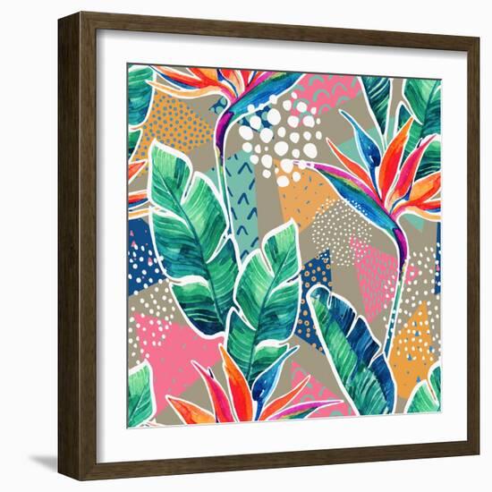 Watercolor Tropical Flowers with Contour on Geometric Background. Hand Drawn Bird-Of-Paradise Flowe-null-Framed Art Print