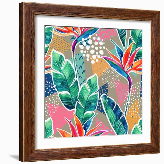 Watercolor Tropical Flowers with Contour on Geometric Background. Hand Drawn Bird-Of-Paradise Flowe-null-Framed Art Print