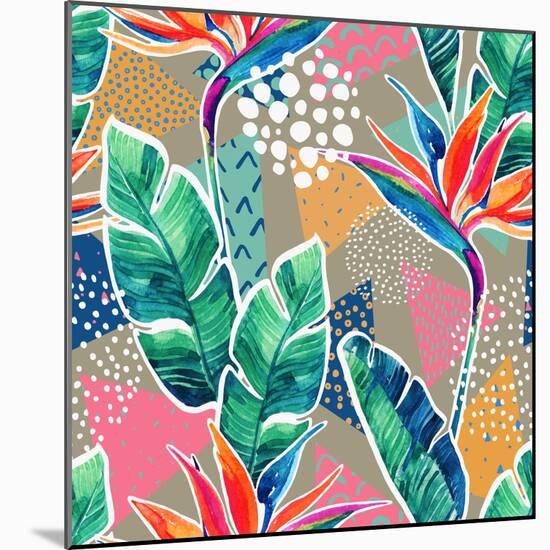 Watercolor Tropical Flowers with Contour on Geometric Background. Hand Drawn Bird-Of-Paradise Flowe-null-Mounted Art Print